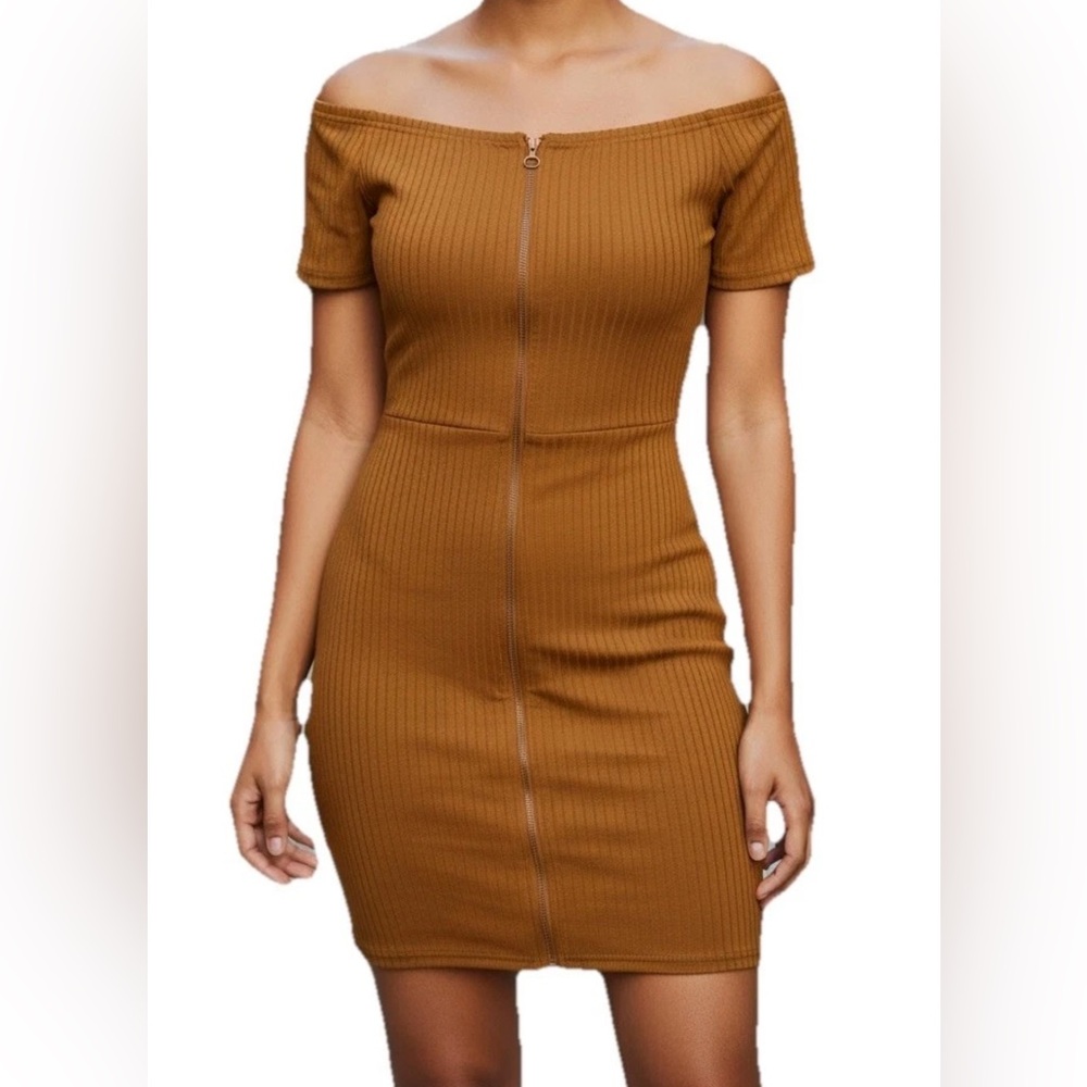 NWT Mustard‎ Yellow Size L Off-Shoulder Bodycon Dress O-Ring Zipper Casual Y2K